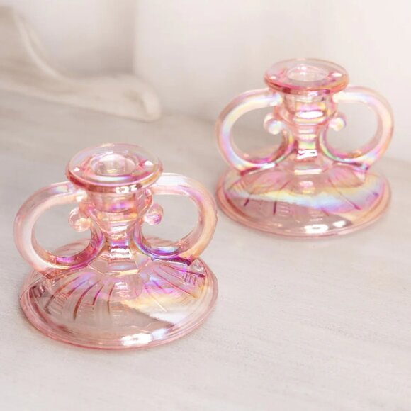 Vintage Pink Iridescent Handled Short Candlesticks (Set of 2) - Picture 2 of 5